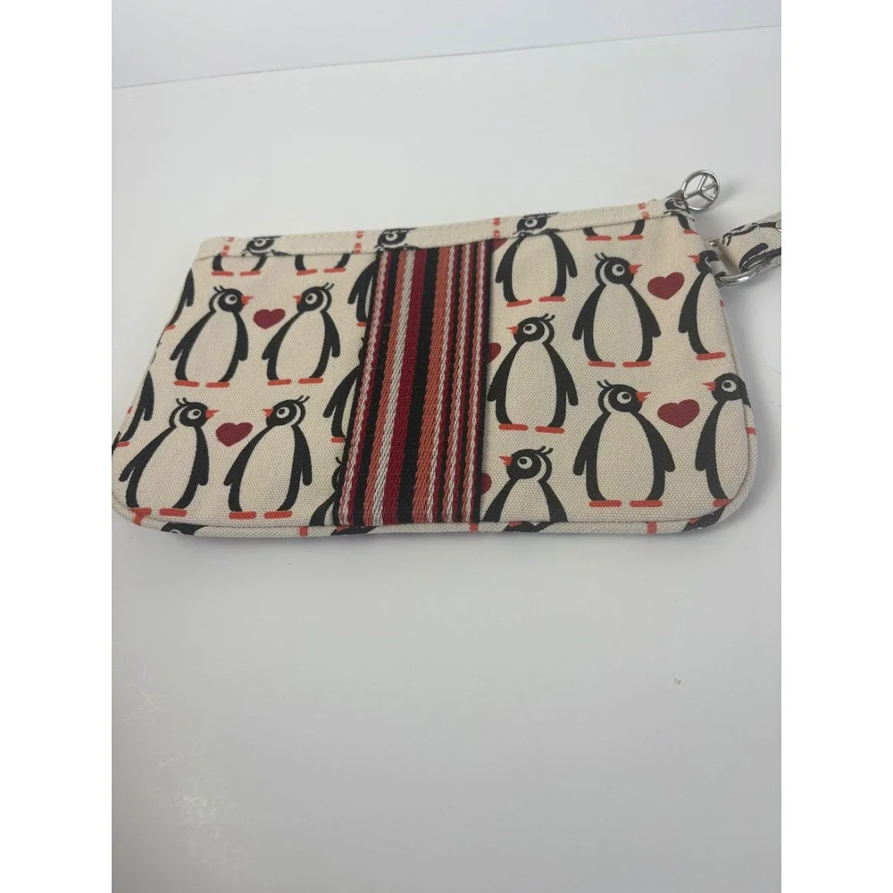 Bungalow 360 Penguin Heart Canvas Wristlet Pouch Cream Peace Sign Zipper Unused‎